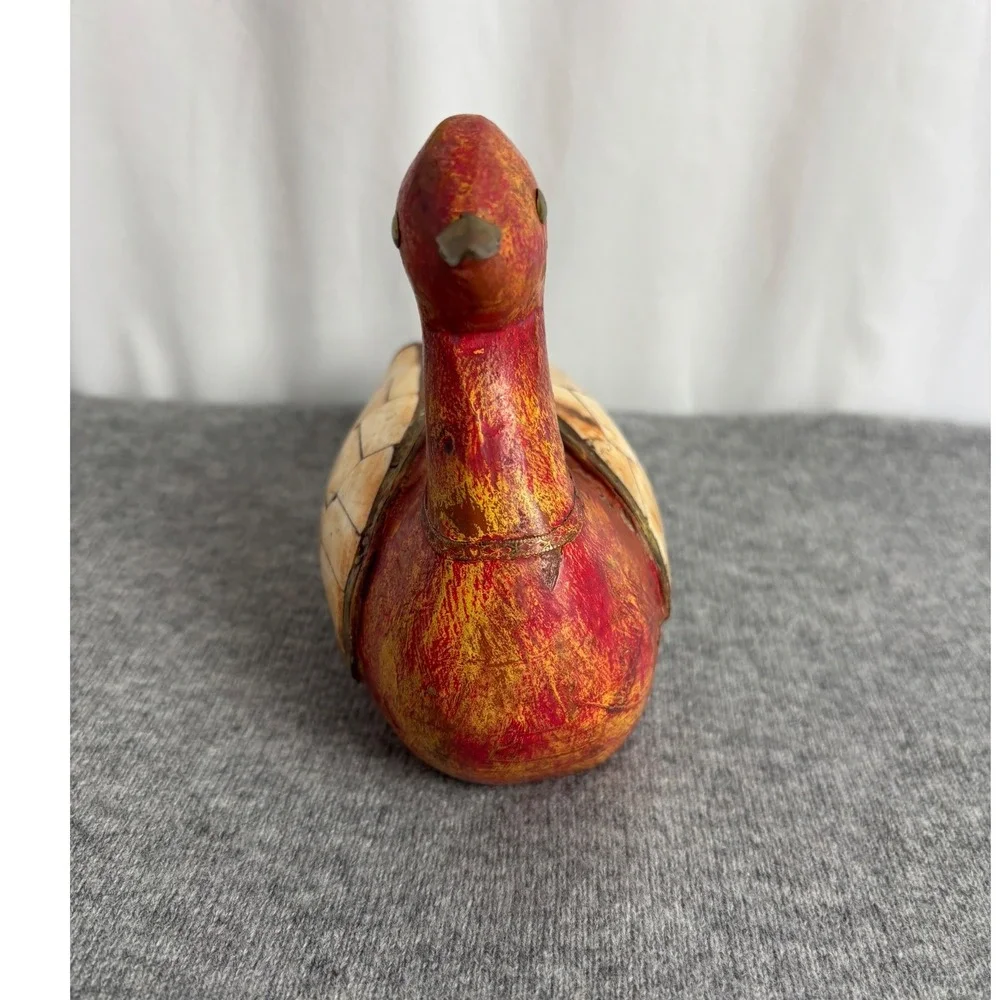 Vintage Decorative Duck Figurine Red Wood Bone Inlay Brass Accents Folk Art 8.5